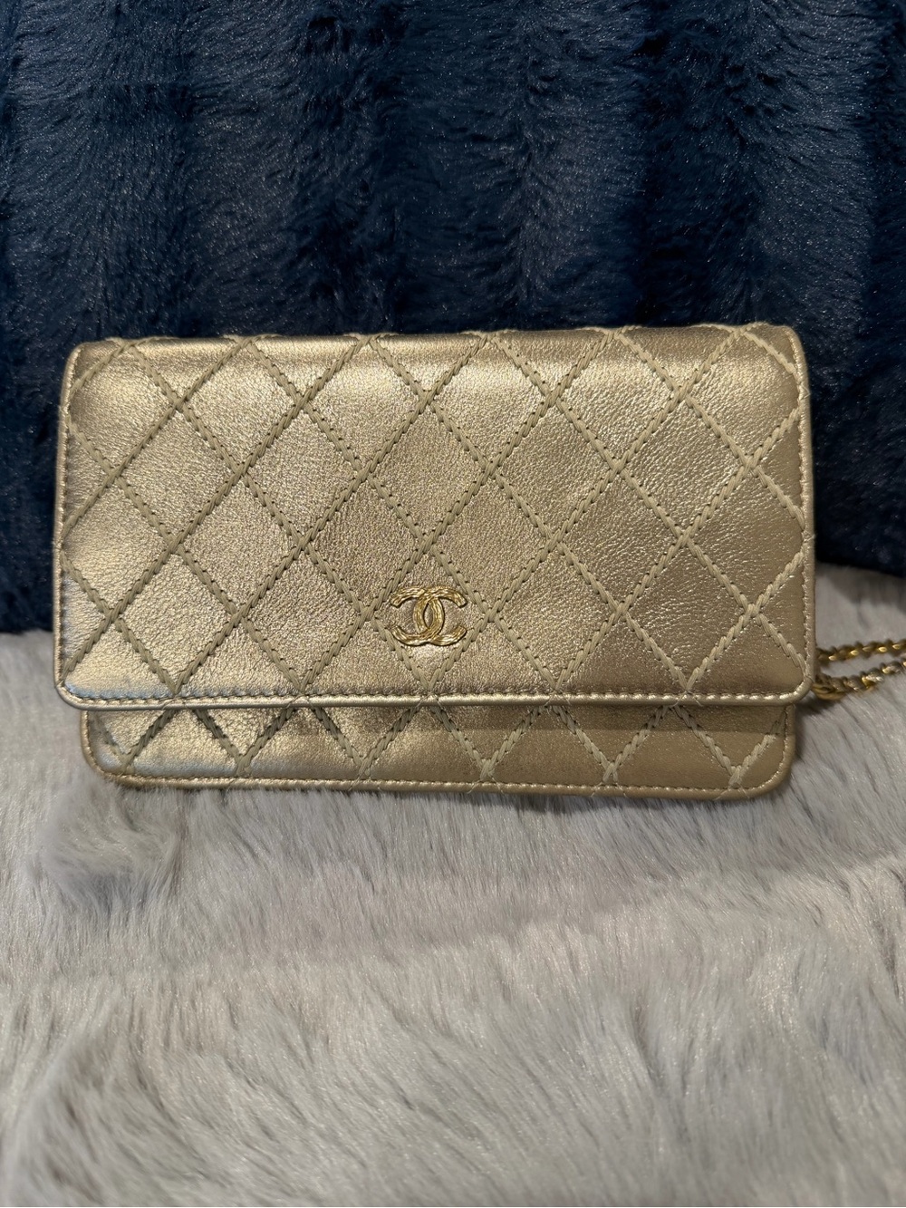 CHANEL Metallic Gold Quilted Crossbody Wallet on a Chain WOC pristine w/ card